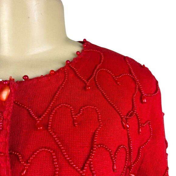 Michael Simon Red Cotton Cardigan Beaded Sequin Hearts Embellished Details Sz M - Picture 5 of 11